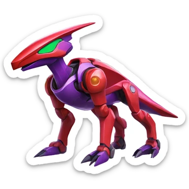 a shiny purple-green-red Genesect-Raptor-Fakémon—hybrid with a futuristic visor-helmet full body sticker