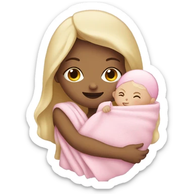 Woman with pale complexion holding a baby with a pink blanket sticker