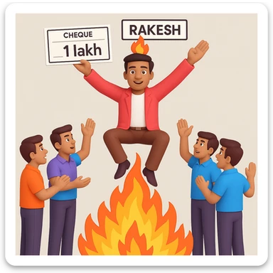 Add 'Rakesh' as a name label above the god-like figure and a prominent 1 lakh check in his hand, with fire and five worshipping team members below. Make both name and check clear and easy to read. sticker