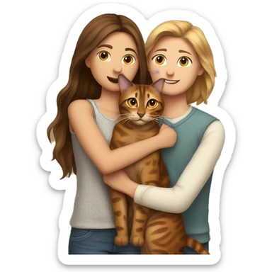 A man hugs a long brown-haired skinny hot woman and a bengal cat sticker
