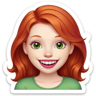 Young girl with pale skin, full pink lips smiling with big teeth, ginger red hair (not pink), big brown eyes with a hint of green, big mouth sticker