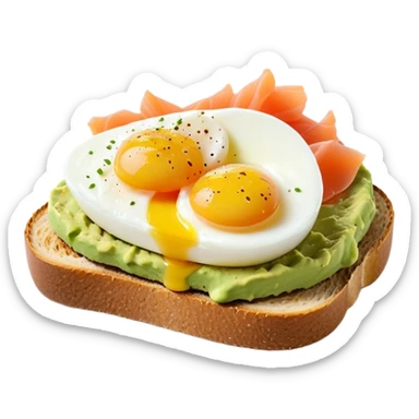 mashed avocado on sourdough toast with soft boiled egg and smoked salmon sticker