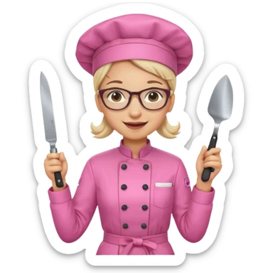 female italian chef, pink uniform, wearing glasses, holding knife sticker