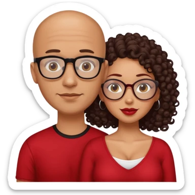 A picture of a sexy tanned couple. the guy is Mexican, with a bald hair cut and a red shirt. the girl is mixed, she has curly longer dark brown hair, the girl has glasses only, and with big boobs and black shirt  sticker