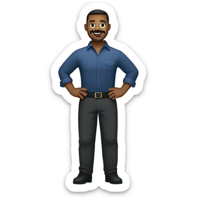  emoji of a man with short dark hair, clean-shaven, goatee and mustache.  wearing a formal button-up dark blue shirt, black pants, and a belt. smiling  with a smartwatch on his wrist. The style should be lighthearted and resemble professional attire sticker