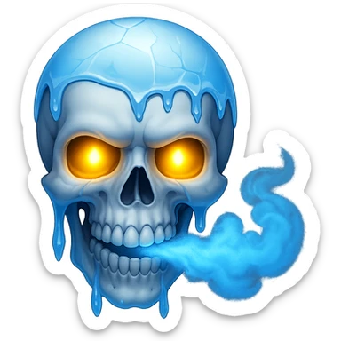 Add glowing eyes to the skull with icicles and blue cold breath. The image should have no background. Keep the cold and icy atmosphere with blue breath and icicles. sticker