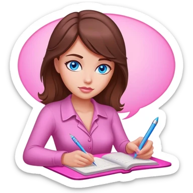 brown-haired, blue-eyed female writer writing a romance novel pink light sticker