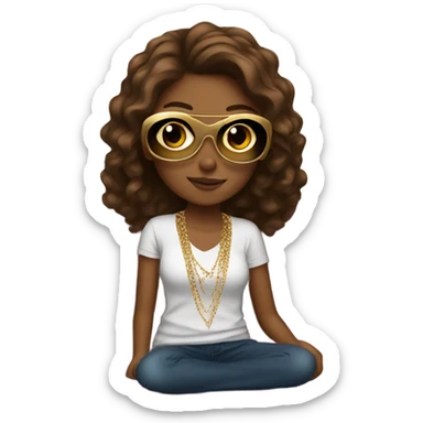 Teen girl sitting on couch with brown hair sunglasses and gold necklace  sticker