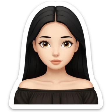 A realistic 3D avatar of a young woman with a soft oval face, slim cheeks, natural almond eyes, long straight black hair, minimal makeup, wearing a black off-shoulder top, elegant and aesthetic, tanned skintone. sticker