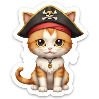 cat full body sitting, winking, wearing a pirate hat and eye patch sticker