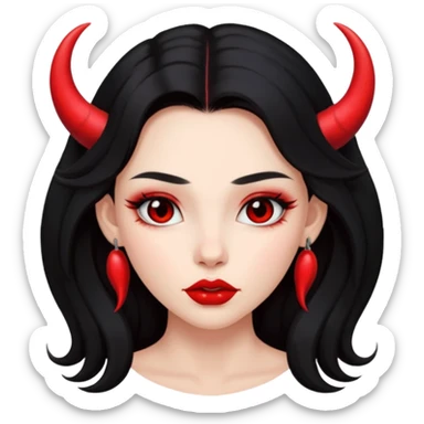 A skin red girl's face with cheekbones, long black hair, small red horns, big lips sticker
