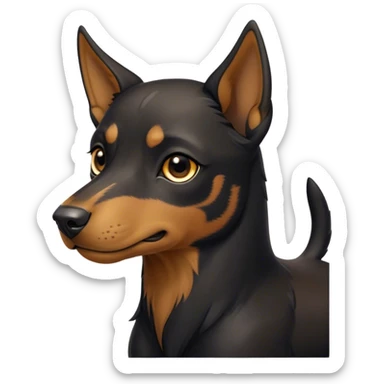 Cinematic Noble Black and Tan Kelpie Portrait Emoji, Poised and regal, with a strong, agile build and a glossy, well-groomed Fur of deep black and tan accents, piercing dark eyes, Simplified yet sharp and sophisticated features, highly detailed, glowing with a soft, dignified glow, high shine, intelligent and energetic, stylized with an air of determination, focused and attentive, soft glowing outline, capturing the essence of a watchful and confident herder, so majestic it feels as though it could bound out of the screen with effortless authority! sticker