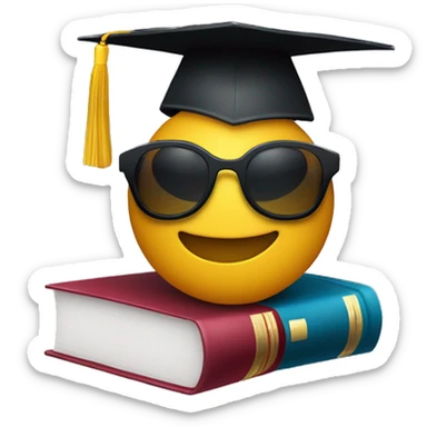A smirking face with sunglasses 😎, holding a book in one hand and a football in the other. The emoji is wearing a graduation cap slightly tilted to one side, indicating a fun yet smart personality. sticker