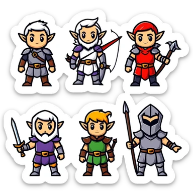Lineage 2 character group with Human knight, Elf archer, Dwarf fighter, and Dark Elf mage sticker