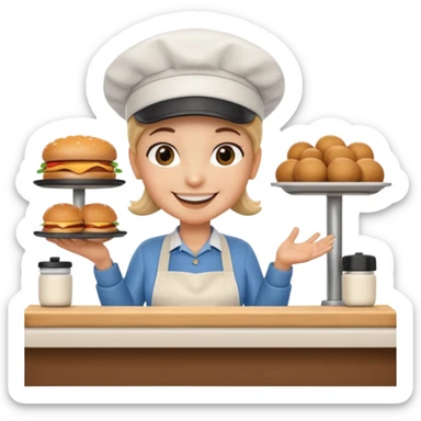 A 3D cartoon deli worker wearing an apron and hat, serving a customer at the counter, friendly smile, Memoji-style. sticker