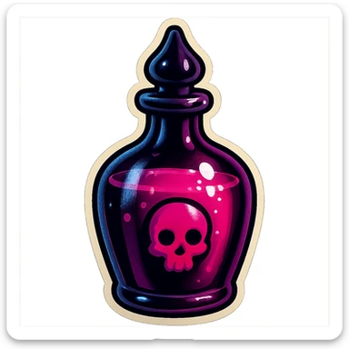 gothic potion bottle, black glass with pink liquid, retro stickers style sticker