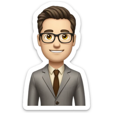 Pale skinned fit man with dark brown hair in gray jacket, beige office shirt, brown tie, brown pants and vintage glasses Writing text on a flipchart sticker