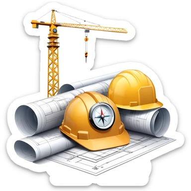 An icon featuring blueprints, a compass, and a construction helmet, symbolizing architecture and construction. The design includes building structures, cranes, and a ruler, representing the design and creation of buildings and urban planning. Transparent background. sticker