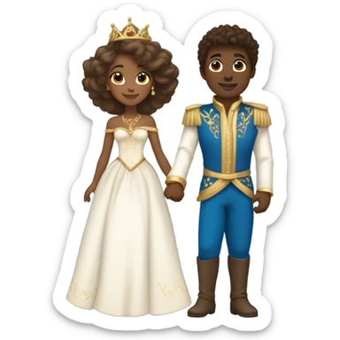 A princess with tan skin, brown hair and a long white dress with jewelry dancing with a prince that is dark skin and curly brown hair with a blue and gold outfit  sticker