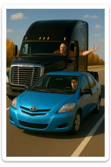 Make the driver of the black semi truck look angry, bald, wearing an orange shirt and glasses, with their arm out the window. Keep the scene bright and vibrant, with a person in the car in front. sticker