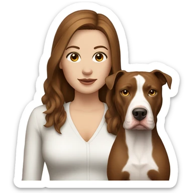 white woman with straight long brown hair standing alongside a white pitbull sticker