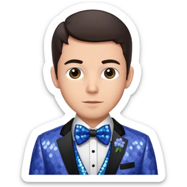 Jonathan Bailey with dark brown hair, periwinkle sequin suit with bow tie sticker
