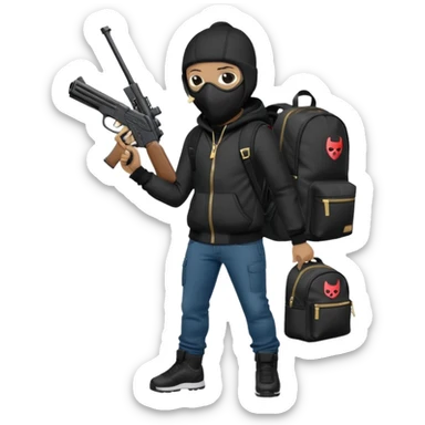 YN wearing a ski mask, holding a gun, black jeans, Sprayground bookbag, confident stance sticker