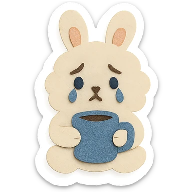 fluffy cream bunny with teardrop eyes holding a coffee mug, cozy soft background, paper-craft style sticker
