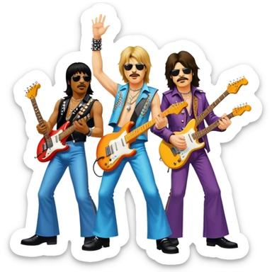 Icon for Rock Music: collage of iconic rock musicians—Klaus Meine, Jimi Hendrix, Kurt Cobain, Freddie Mercury, and Ozzy Osbourne—playing electric guitars and singing on stage. Capturing the powerful energy and rebellious spirit of rock. Transparent background. sticker