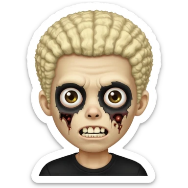 zombie boy, black and blonde afro, black shirt, missing tooth sticker