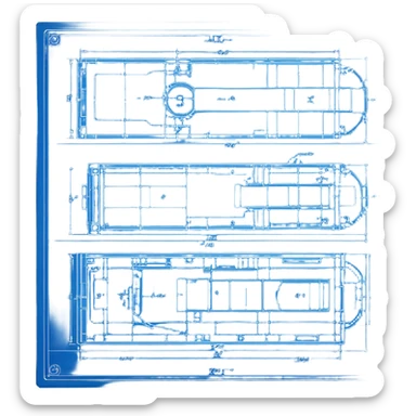 blue blueprint plan with white lines, side and top view combined sticker