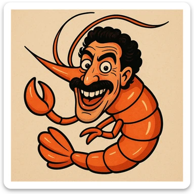 a shrimp with the face of Borat, humorous and expressive, cartoon style sticker
