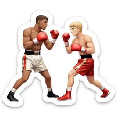 Two professional boxers in the ring fighting for the world championship title. One delivers a powerful straight punch to the head, while the other skillfully dodges. The background shows a brightly lit boxing arena with a roaring crowd. Transparent background sticker