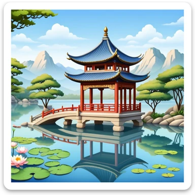 Traditional Chinese pavilion near a peaceful lake sticker