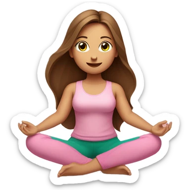 A girl with brown long hair, fair skin and green eyes is meditating in a relaxed lotus position in a comfortable pink top and pink leggings sticker