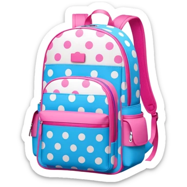 A stylish cute school backpack, medium-sized, with a modern design in bright blue and pink. It features a polka dots pattern of across the front pocket, giving it a sleek yet dynamic look, front view sticker