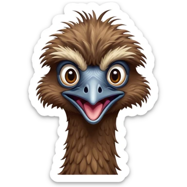 Cinematic Comical Emu Portrait Emoji, Head tilted dramatically with an exaggeratedly amused expression, featuring a striking, textured brown plumage with a comically small head and wide, expressive eyes full of playful disbelief, Simplified yet hilariously expressive features, highly detailed, glowing with a slightly sassy glow, high shine, dramatic yet playful, stylized with an air of cheeky outback mischief, bright and endearing, soft glowing outline, capturing the essence of a spirited and over‐the‐top emu, so meme‐worthy it feels like it could squawk its way into internet fame instantly! sticker