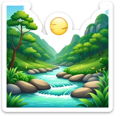 Cinematic Realistic River Emoji, Serene and flowing, with sparkling water meandering through lush greenery, surrounded by trees and rocks. The sun dances across the rippling surface, creating glimmering reflections while birds fly overhead. Soft glowing outline, capturing the essence of peacefulness and tranquility in a meandering river. sticker