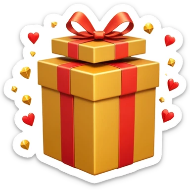 3D emoji style illustration of a big golden gift box with a shiny orange ribbon, a red off-road SUV car jumping out of the box, bright glowing orange background, small playing cards and sparkles flying around, no text, high resolution, square image sticker