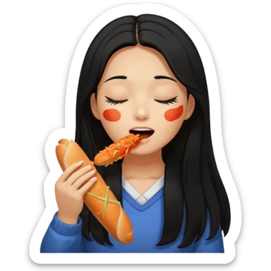 Girl black long hair eat kimchi close eyes baguette sticker