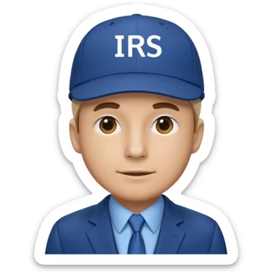 a man dressed in a blue suit with a cap on that says IRS sticker