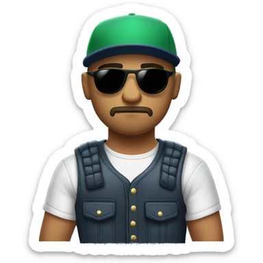 Bald Mexican young man with round face a dark beard baseball cap and dark cool sunglasses looking tough huge muscles sticker