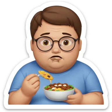 Fat sad guy with brown hair and glasses eating food sticker