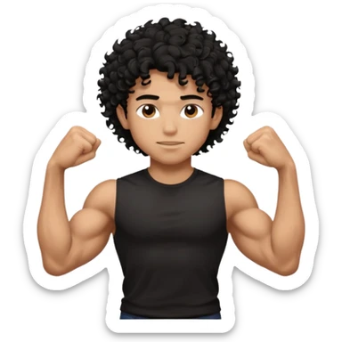 muscular teen boy with veiny hands arms and biceps. has messy black curly hair with dark-tan skintone with black tshirt sticker