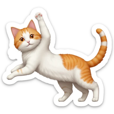 ginger and white cat with orange eyes doing a big extremely long stretch reaching up into the air with arms and legs side by side together straight and overextended whilst lying on its side sticker