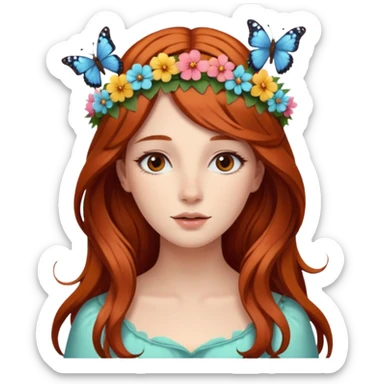 Woman with long flowing auburn hair wearing a flower crown with butterflies in it sticker