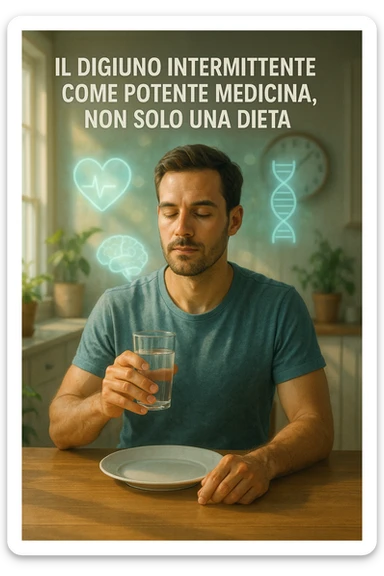 A realistic, cinematic illustration of a healthy, calm man in his early 30s sitting in a bright kitchen in the morning, with an empty plate in front of him and a glass of water in his hand, looking serene and focused. Behind him, the background shows subtle symbols of health: green plants, sunlight streaming in, and a blurred wall clock showing 10:00, symbolizing the fasting window. Above the man, a translucent overlay of medical icons (heart, brain, DNA strand) glows softly, illustrating that intermittent fasting acts as a powerful medicine, not merely a diet. The color palette is fresh and natural, emphasizing health, clarity, and focus. The style is realistic with slight cinematic tones, conveying that the man is using intermittent fasting as a tool for cellular regeneration, inflammation reduction, and health optimization rather than weight loss in italiano sticker