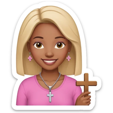 Black woman pink shirt praying with cross necklace in hands sticker