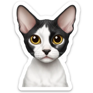 black and white Devon Rex cat with black nose sticker