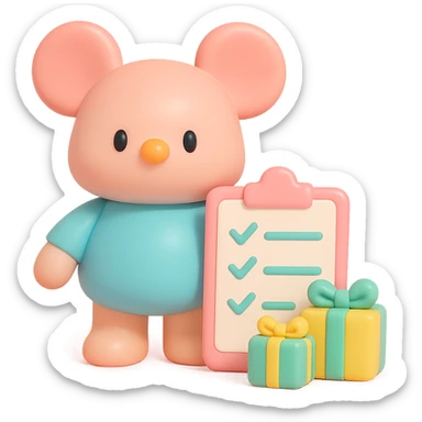 mouse with checklist and mini presents in vinyl figure style sticker